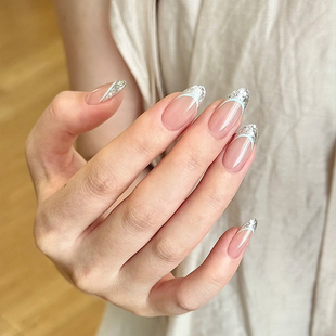 夏日清新闪亮薄荷曼波法式 亮片猫眼美甲成品手工定制穿戴甲可拆卸