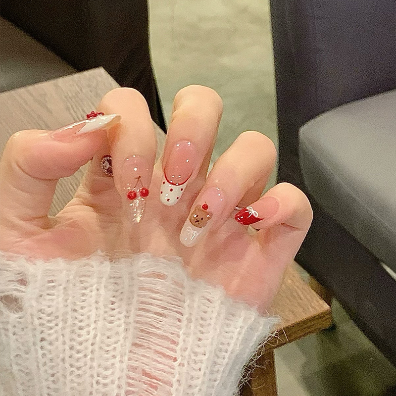 夏日新款波点水彩小熊蝴蝶结美甲
