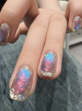 北极之光爆闪显白夏日新款极光猫眼美甲成品手工定制穿戴甲可拆卸