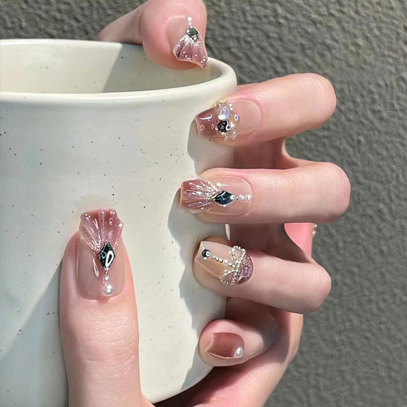 网红新款超显白少女心仙女美甲粉色人鱼手工定制穿戴甲防水可拆卸