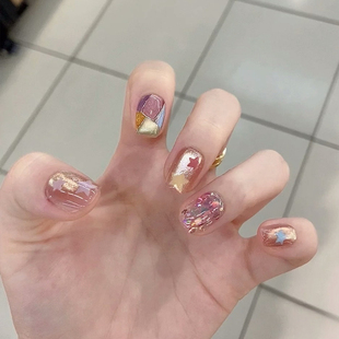 2025新款 美甲成品手工定制穿戴甲 星光七巧板多巴胺彩色糖果短款