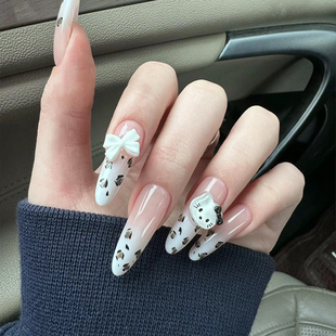 秋季 辣妹樱禾白渐变豹纹凯蒂猫蝴蝶结美甲成品手工定制穿戴甲 新款
