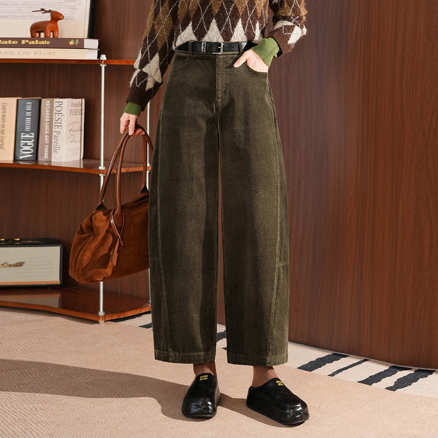 秋冬灯芯绒高腰阔腿条绒镰刀裤