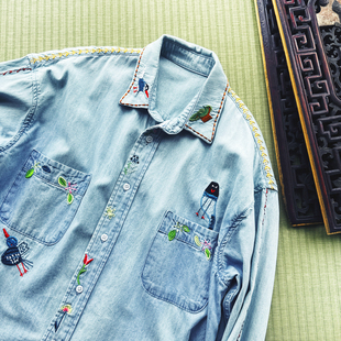 此时@浮动 Kapital日系风格 奢品刺绣牛仔衬衫女中长款2025年秋