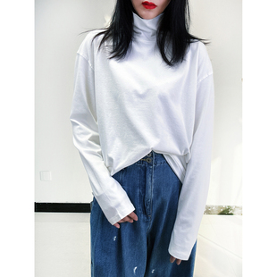 此时@思旧 柔柔软松垮垮的宽松高领棉质基础打底T恤女中长款亲肤