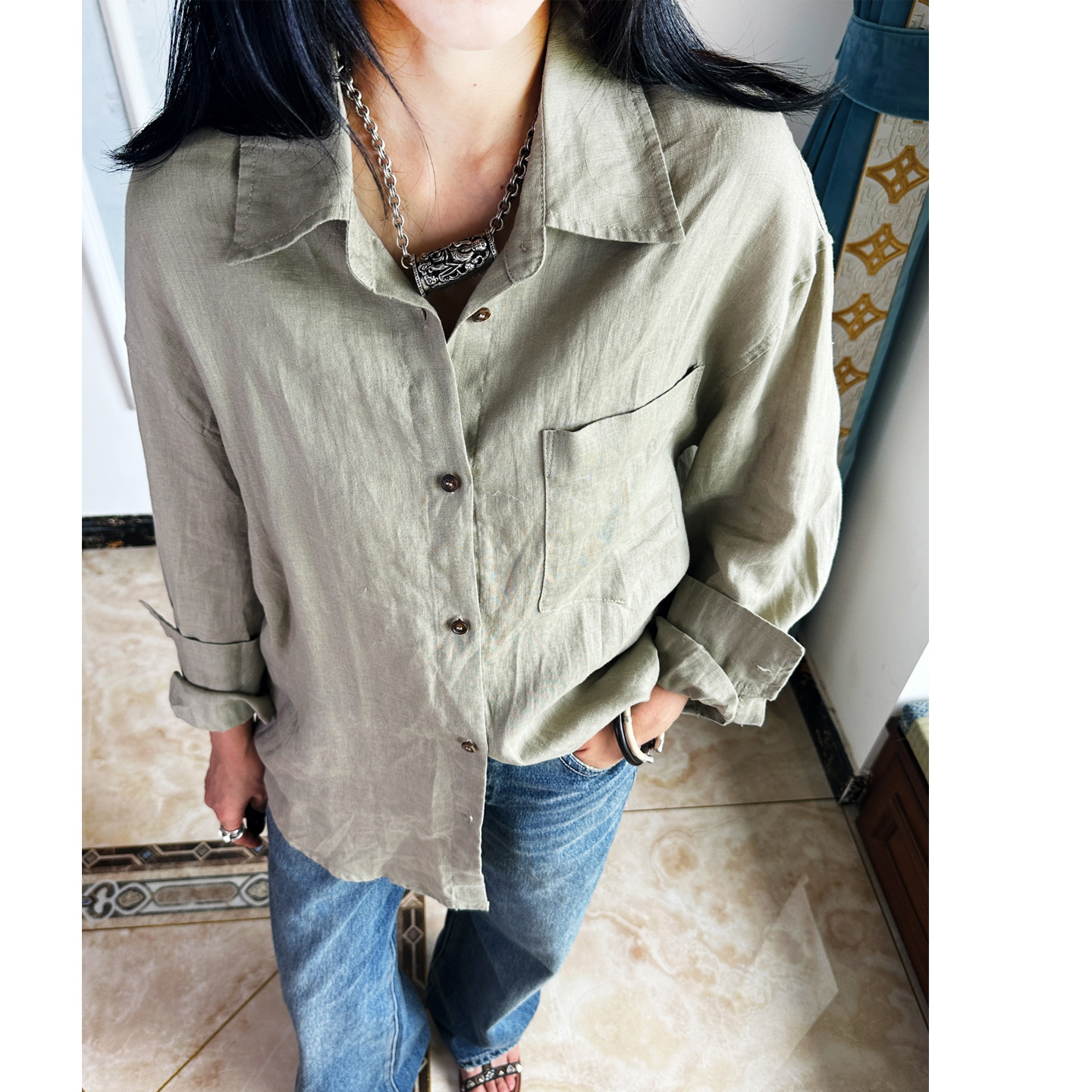 芦苇绿低调亚麻衬衫女中长款