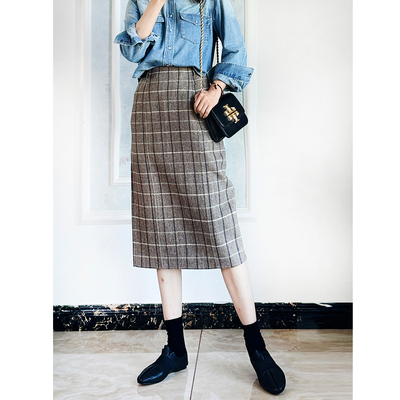 绵羊毛秋冬格子直筒半身裙女