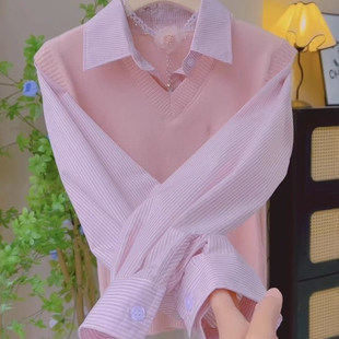 十三行韩版假两件设计感长袖衬衫女2025春季新款洋气百搭显瘦上衣