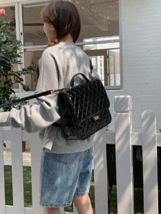 肥肥自制包包女士2025夏季 大容量漆皮菱格双肩包上课通勤背包 新款