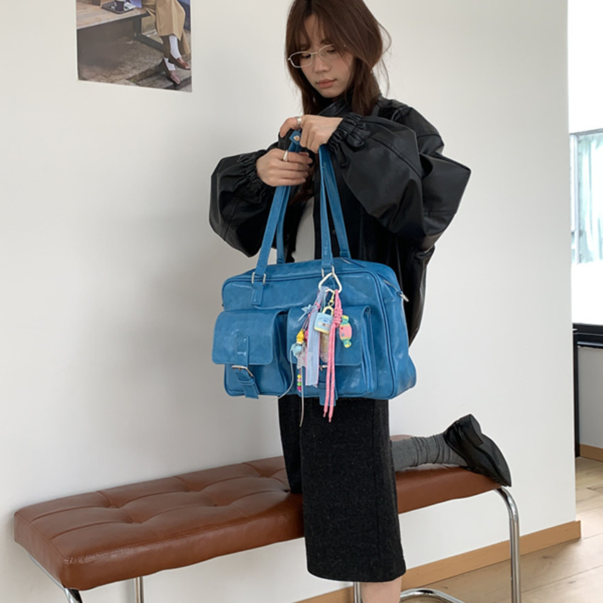 肥肥自制2025秋冬新款复古蓝色休闲百搭大容量托特单肩斜挎包