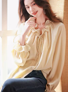 夏上新法式系带遮肉甜美蚕丝衬衫40938