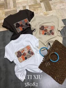 2026欧货天丝棉夏季 白色涂鸦设计师编辫印花T恤上衣 新款