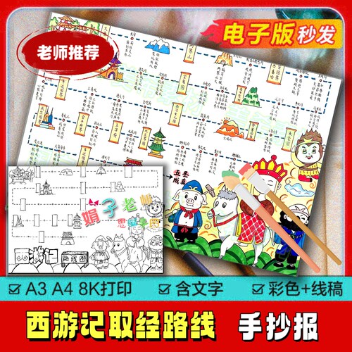 西游记取经路线图思维导图电子版四大名著手抄报黑白线稿8KA3A4款
