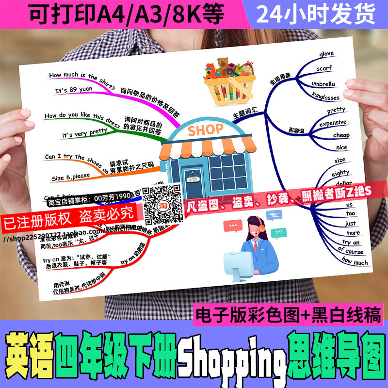第六单元shopping思维导图手绘抄报线稿人教版pep英语四年级下册