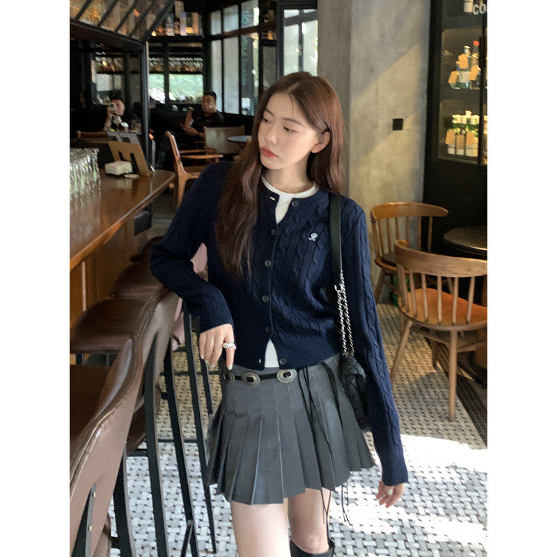 Halo Luu 藏青色麻花针织开衫外套女秋季毛衣韩系学院风修身上衣