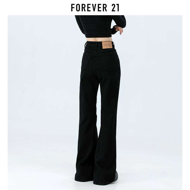 Forever 21黑色微喇牛仔裤女春季新款高腰显瘦宽松马蹄喇叭长裤子