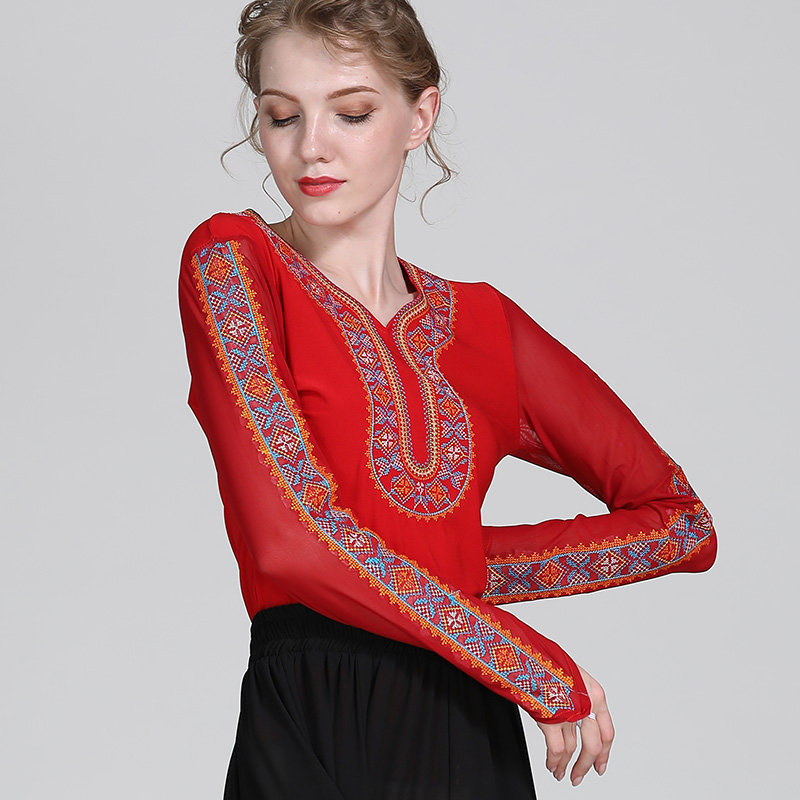 练功服女上衣十字锈修身长袖成人广场舞舞蹈服V领新疆民族演出服