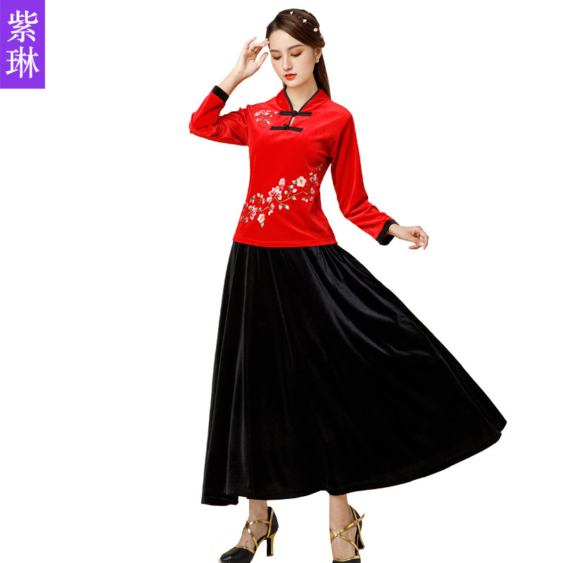 跳广场舞的服装套装长袖民族套裙女两件套春季老年人跳舞衣服春装