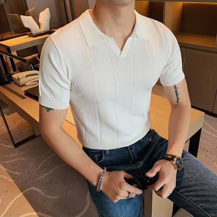 夏季冰丝针织Polo衫拼色镂空Polo衫