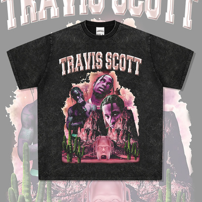 欧美街头说唱歌手travis scott印花短袖t恤重磅宽松圆领连帽卫衣