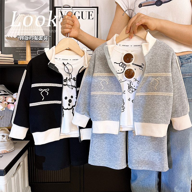 韩韩良品中大童棉质套装秋装2024新款蝴蝶结立领外套休闲裤两件套,童装/婴儿装/亲子装,套装,淘宝优惠券,粉丝福利购,淘宝优惠卷