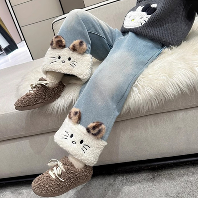 韩韩良品中大童加绒加厚棉质牛仔裤2025冬季新款韩版刺绣猫咪长裤