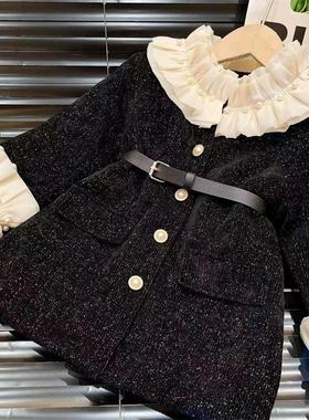 韩韩良品女童黑色夹棉收腰长款外套2023冬季新款韩版气质连衣裙