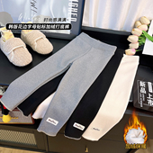 韩韩良品中大童一体绒加厚打底裤 花边字母贴标长裤 2025秋冬季 新款