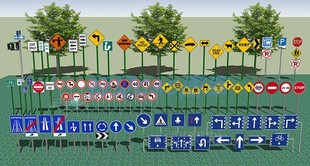 97市政道路草图大师交通标识牌指示地面导向警示牌信号灯路标SU模