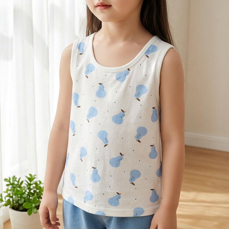 儿童水果印花工字型纯棉背心 中小童碎花满印木耳边无袖背心上衣