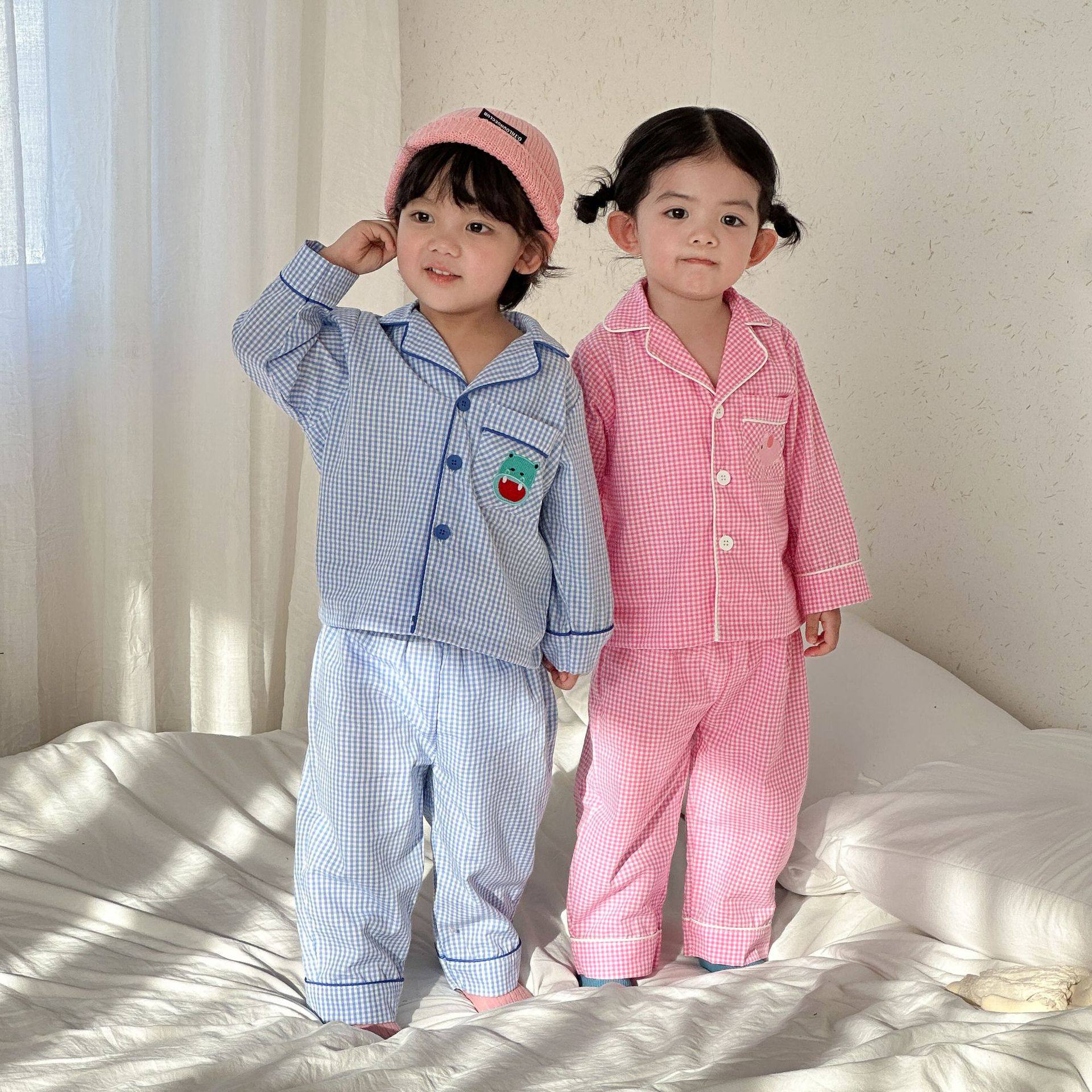 儿童纯棉格子新款秋衣春秋季男女童长袖套装小孩宝宝两件套家居服
