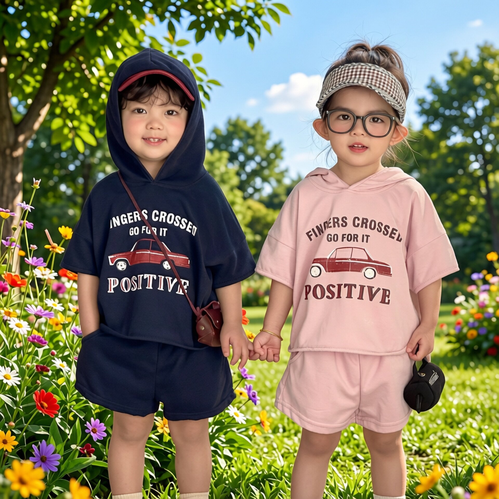 儿童夏季运动卫衣套装女童连帽新两件套男童宽松休闲短袖T恤短裤