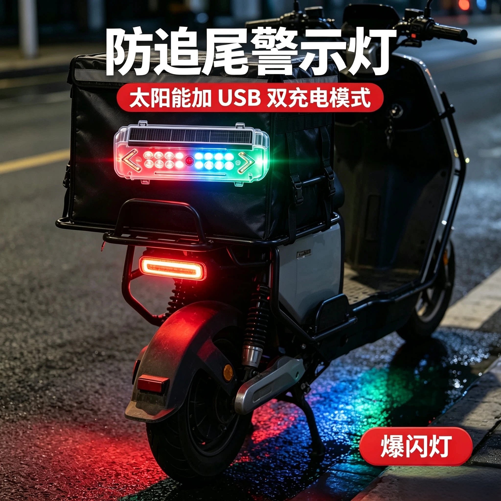 摩托电动车防追尾灯太阳能震动爆闪灯夜骑防撞安全警示闪烁车尾灯
