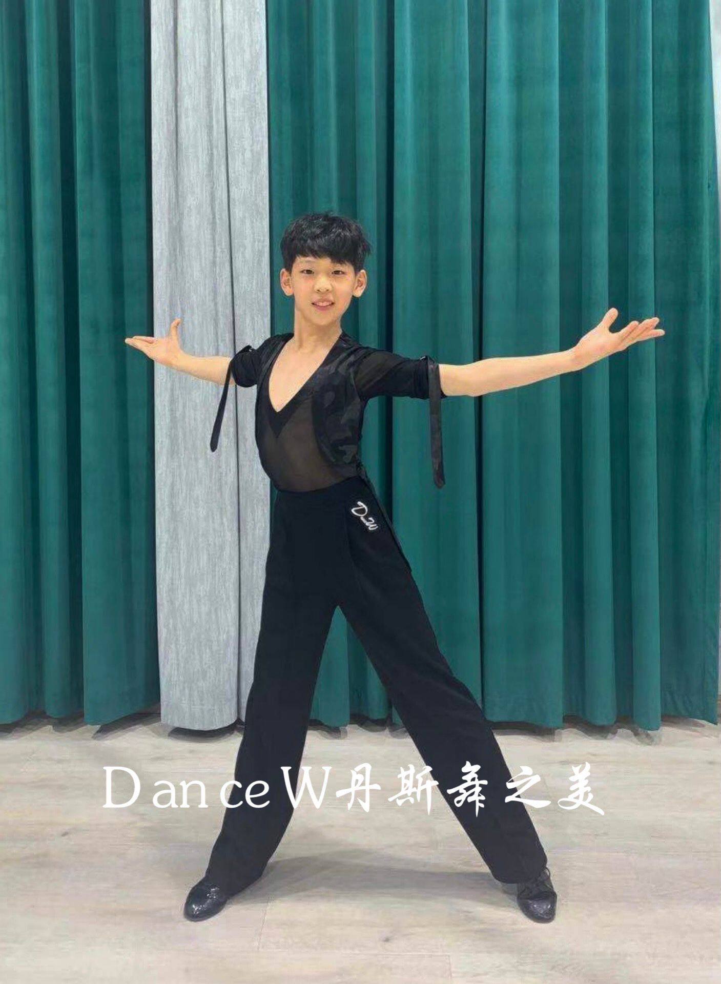 男童/成人男生拉丁舞比赛服表演服练功服假两件套黑色迷彩体服