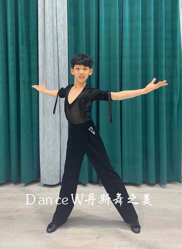 男童/成人男生拉丁舞比赛服表演服练功服假两件套黑色迷彩体服