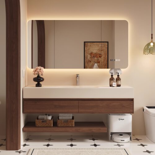 中古风胡桃木色岩板热弯一体盆