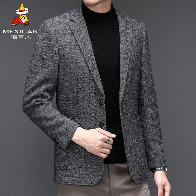 稻草人男士羊毛西服西装外套秋冬款商务休闲高级感修身西服上衣