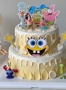 黄色海绵宝宝蛋糕装饰派大星凤梨屋章鱼蜗牛螃蟹珊瑚草表情包插件