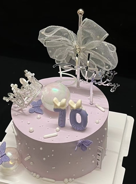 银色仙女棒蛋糕装饰渐变紫色蝴蝶结女神皇冠插件梦幻幻彩紫色插牌