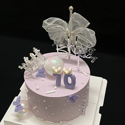 银色仙女棒蛋糕装饰渐变紫色蝴蝶结女神皇冠插件梦幻幻彩紫色插牌