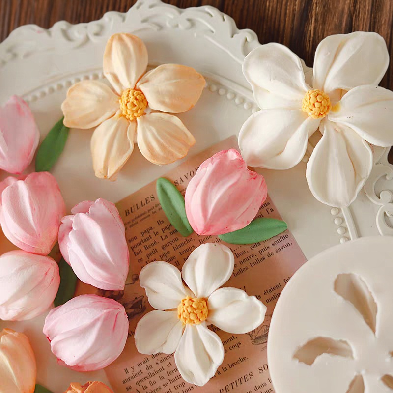 热卖郁金香花瓣叶子刮刀花巧克力硅胶模具格桑花翻糖diy烘焙模具