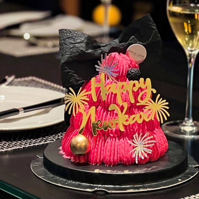 2026新年春节马年元旦跨年蛋糕装饰撞色玫红色配黑色蝴蝶结插件