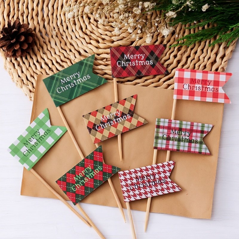 热卖红绿色韩国圣诞节蛋糕装饰ins风格子插旗圣诞快乐插件小旗子