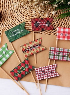 热卖红绿色韩国圣诞节蛋糕装饰ins风格子插旗圣诞快乐插件小旗子