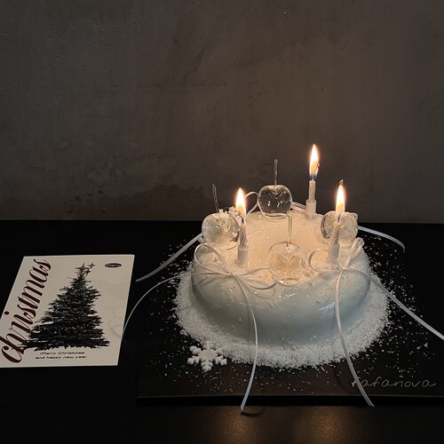 冬日白色系蛋糕装饰透明水晶樱桃摆件白色椰蓉丝带蝴蝶结生日插件