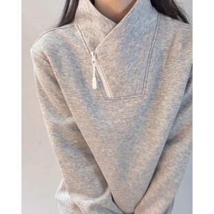 美式斜拉链卫衣男女同款秋冬加绒长袖T恤重磅加厚保暖内搭上衣ins