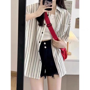 港味Polo领上衣外穿潮 大码 胖mm日系条纹宽松显瘦短袖 衬衫 女夏薄款
