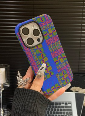 ins风蓝色复古抽象图案二合一菲林手机壳适用安卓苹果14 \15（421）