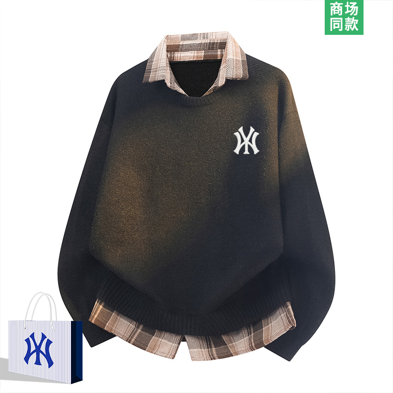 【奥莱优选】假两件毛衣男士秋冬季2025新款潮牌格纹翻领针织衫男