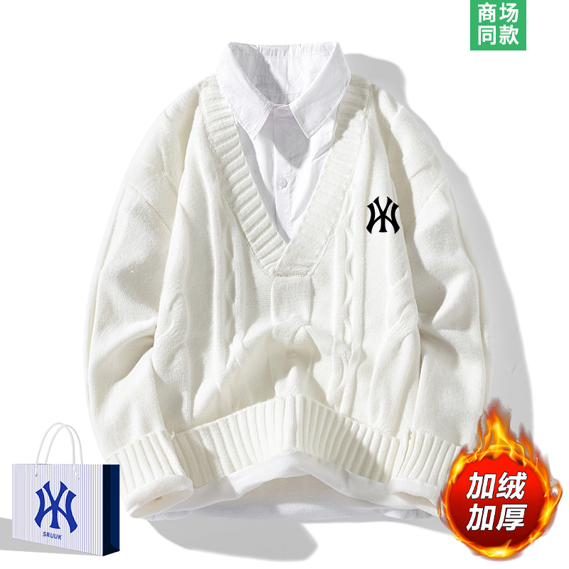 假两件毛衣男士加绒加厚针织衫